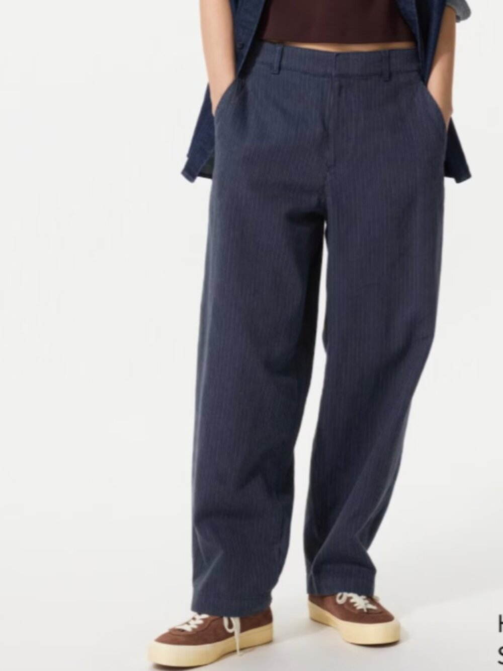 Uniqlo Linen Cotton Tapered Pants Striped Navy XXL Elastic Waist Pockets Zipper